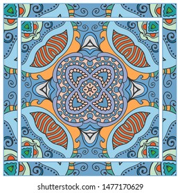  Hand drawn artistic background. Seamless pattern with ornate frame border, doodle floral ornament. Bandana shawl, tablecloth fabric print, silk neck scarf, kerchief design. Vector illustration