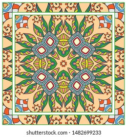  Hand drawn artistic background. Seamless pattern with ornate frame border, doodle floral ornament. Bandana shawl, tablecloth fabric print, silk neck scarf, kerchief design. Vector illustration