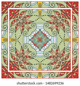 Hand drawn artistic background. Seamless pattern with ornate frame border, doodle floral ornament. Bandana shawl, tablecloth fabric print, silk neck scarf, kerchief design. Vector illustration