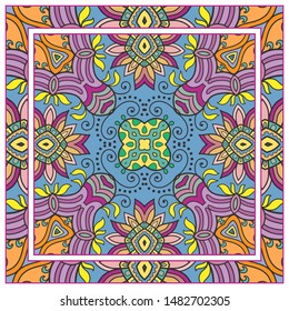  Hand drawn artistic background. Seamless pattern with ornate frame border, doodle floral ornament. Bandana shawl, tablecloth fabric print, silk neck scarf, kerchief design. Vector illustration