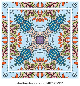  Hand drawn artistic background. Seamless pattern with ornate frame border, doodle floral ornament. Bandana shawl, tablecloth fabric print, silk neck scarf, kerchief design. Vector illustration