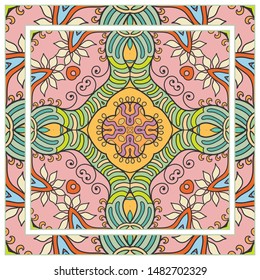  Hand drawn artistic background. Seamless pattern with ornate frame border, doodle floral ornament. Bandana shawl, tablecloth fabric print, silk neck scarf, kerchief design. Vector illustration