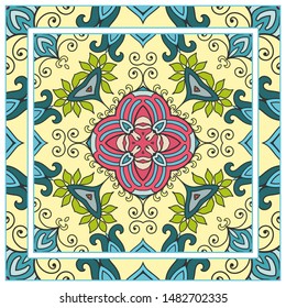  Hand drawn artistic background. Seamless pattern with ornate frame border, doodle floral ornament. Bandana shawl, tablecloth fabric print, silk neck scarf, kerchief design. Vector illustration
