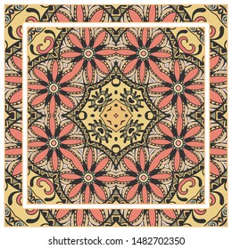  Hand drawn artistic background. Seamless pattern with ornate frame border, doodle floral ornament. Bandana shawl, tablecloth fabric print, silk neck scarf, kerchief design. Vector illustration