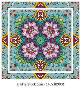  Hand drawn artistic background. Seamless pattern with ornate frame border, doodle floral ornament. Bandana shawl, tablecloth fabric print, silk neck scarf, kerchief design. Vector illustration