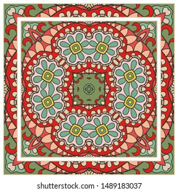  Hand drawn artistic background. Seamless pattern with ornate frame border, doodle floral ornament. Bandana shawl, tablecloth fabric print, silk neck scarf, kerchief design. Vector illustration