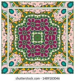  Hand drawn artistic background. Seamless pattern with ornate frame border, doodle floral ornament. Bandana shawl, tablecloth fabric print, silk neck scarf, kerchief design. Vector illustration