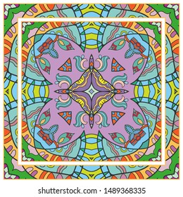  Hand drawn artistic background. Seamless pattern with ornate frame border, doodle floral ornament. Bandana shawl, tablecloth fabric print, silk neck scarf, kerchief design. Vector illustration