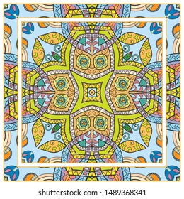  Hand drawn artistic background. Seamless pattern with ornate frame border, doodle floral ornament. Bandana shawl, tablecloth fabric print, silk neck scarf, kerchief design. Vector illustration