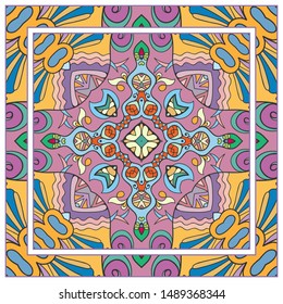  Hand drawn artistic background. Seamless pattern with ornate frame border, doodle floral ornament. Bandana shawl, tablecloth fabric print, silk neck scarf, kerchief design. Vector illustration