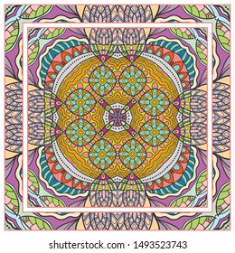  Hand drawn artistic background. Seamless pattern with ornate frame border, doodle floral ornament. Bandana shawl, tablecloth fabric print, silk neck scarf, kerchief design. Vector illustration