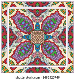  Hand drawn artistic background. Seamless pattern with ornate frame border, doodle floral ornament. Bandana shawl, tablecloth fabric print, silk neck scarf, kerchief design. Vector illustration