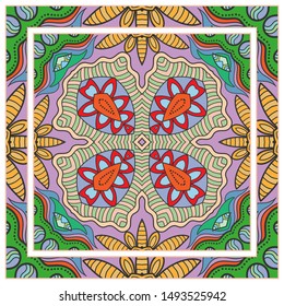  Hand drawn artistic background. Seamless pattern with ornate frame border, doodle floral ornament. Bandana shawl, tablecloth fabric print, silk neck scarf, kerchief design. Vector illustration