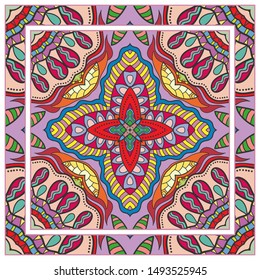  Hand drawn artistic background. Seamless pattern with ornate frame border, doodle floral ornament. Bandana shawl, tablecloth fabric print, silk neck scarf, kerchief design. Vector illustration