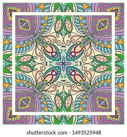  Hand drawn artistic background. Seamless pattern with ornate frame border, doodle floral ornament. Bandana shawl, tablecloth fabric print, silk neck scarf, kerchief design. Vector illustration