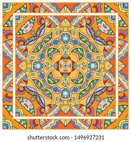  Hand drawn artistic background. Seamless pattern with ornate frame border, doodle floral ornament. Bandana shawl, tablecloth fabric print, silk neck scarf, kerchief design. Vector illustration