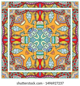  Hand drawn artistic background. Seamless pattern with ornate frame border, doodle floral ornament. Bandana shawl, tablecloth fabric print, silk neck scarf, kerchief design. Vector illustration