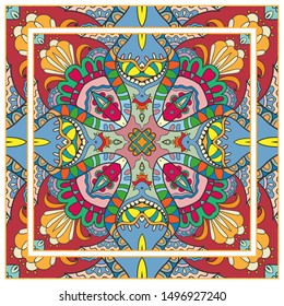  Hand drawn artistic background. Seamless pattern with ornate frame border, doodle floral ornament. Bandana shawl, tablecloth fabric print, silk neck scarf, kerchief design. Vector illustration