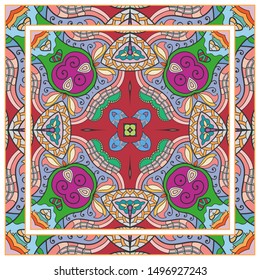  Hand drawn artistic background. Seamless pattern with ornate frame border, doodle floral ornament. Bandana shawl, tablecloth fabric print, silk neck scarf, kerchief design. Vector illustration