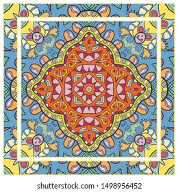  Hand drawn artistic background. Seamless pattern with ornate frame border, doodle floral ornament. Bandana shawl, tablecloth fabric print, silk neck scarf, kerchief design. Vector illustration