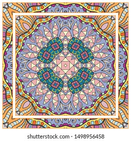  Hand drawn artistic background. Seamless pattern with ornate frame border, doodle floral ornament. Bandana shawl, tablecloth fabric print, silk neck scarf, kerchief design. Vector illustration