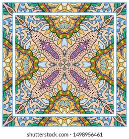  Hand drawn artistic background. Seamless pattern with ornate frame border, doodle floral ornament. Bandana shawl, tablecloth fabric print, silk neck scarf, kerchief design. Vector illustration