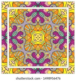  Hand drawn artistic background. Seamless pattern with ornate frame border, doodle floral ornament. Bandana shawl, tablecloth fabric print, silk neck scarf, kerchief design. Vector illustration