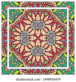  Hand drawn artistic background. Seamless pattern with ornate frame border, doodle floral ornament. Bandana shawl, tablecloth fabric print, silk neck scarf, kerchief design. Vector illustration