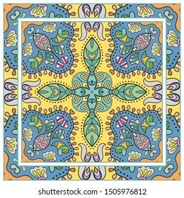  Hand drawn artistic background. Seamless pattern with ornate frame border, doodle floral ornament. Bandana shawl, tablecloth fabric print, silk neck scarf, kerchief design. Vector illustration