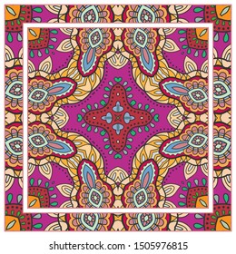  Hand drawn artistic background. Seamless pattern with ornate frame border, doodle floral ornament. Bandana shawl, tablecloth fabric print, silk neck scarf, kerchief design. Vector illustration