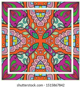  Hand drawn artistic background. Seamless pattern with ornate frame border, doodle floral ornament. Bandana shawl, tablecloth fabric print, silk neck scarf, kerchief design. Vector illustration