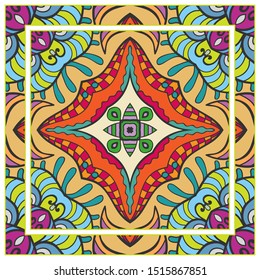  Hand drawn artistic background. Seamless pattern with ornate frame border, doodle floral ornament. Bandana shawl, tablecloth fabric print, silk neck scarf, kerchief design. Vector illustration