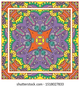  Hand drawn artistic background. Seamless pattern with ornate frame border, doodle floral ornament. Bandana shawl, tablecloth fabric print, silk neck scarf, kerchief design. Vector illustration
