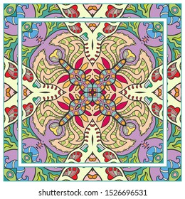  Hand drawn artistic background. Seamless pattern with ornate frame border, doodle floral ornament. Bandana shawl, tablecloth fabric print, silk neck scarf, kerchief design. Vector illustration