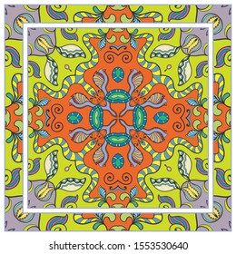  Hand drawn artistic background. Seamless pattern with ornate frame border, doodle floral ornament. Bandana shawl, tablecloth fabric print, silk neck scarf, kerchief design. Vector illustration