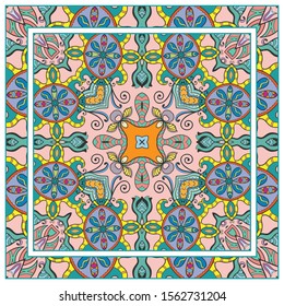  Hand drawn artistic background. Seamless pattern with ornate frame border, doodle floral ornament. Bandana shawl, tablecloth fabric print, silk neck scarf, kerchief design. Vector illustration
