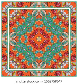  Hand drawn artistic background. Seamless pattern with ornate frame border, doodle floral ornament. Bandana shawl, tablecloth fabric print, silk neck scarf, kerchief design. Vector illustration