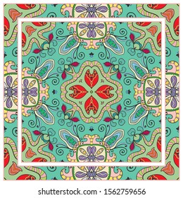  Hand drawn artistic background. Seamless pattern with ornate frame border, doodle floral ornament. Bandana shawl, tablecloth fabric print, silk neck scarf, kerchief design. Vector illustration