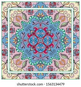  Hand drawn artistic background. Seamless pattern with ornate frame border, doodle floral ornament. Bandana shawl, tablecloth fabric print, silk neck scarf, kerchief design. Vector illustration