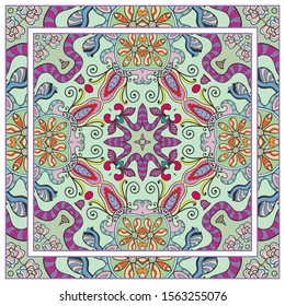  Hand drawn artistic background. Seamless pattern with ornate frame border, doodle floral ornament. Bandana shawl, tablecloth fabric print, silk neck scarf, kerchief design. Vector illustration