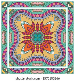  Hand drawn artistic background. Seamless pattern with ornate frame border, doodle floral ornament. Bandana shawl, tablecloth fabric print, silk neck scarf, kerchief design. Vector illustration