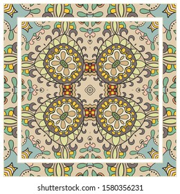  Hand drawn artistic background. Seamless pattern with ornate frame border, doodle floral ornament. Bandana shawl, tablecloth fabric print, silk neck scarf, kerchief design. Vector illustration