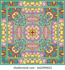  Hand drawn artistic background. Seamless pattern with ornate frame border, doodle floral ornament. Bandana shawl, tablecloth fabric print, silk neck scarf, kerchief design. Vector illustration