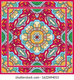  Hand drawn artistic background. Seamless pattern with ornate frame border, doodle floral ornament. Bandana shawl, tablecloth fabric print, silk neck scarf, kerchief design. Vector illustration
