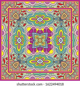  Hand drawn artistic background. Seamless pattern with ornate frame border, doodle floral ornament. Bandana shawl, tablecloth fabric print, silk neck scarf, kerchief design. Vector illustration