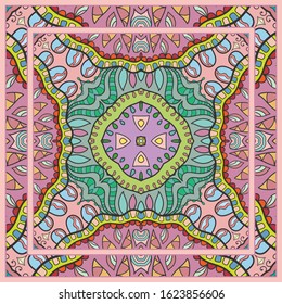  Hand drawn artistic background. Seamless pattern with ornate frame border, doodle floral ornament. Bandana shawl, tablecloth fabric print, silk neck scarf, kerchief design. Vector illustration