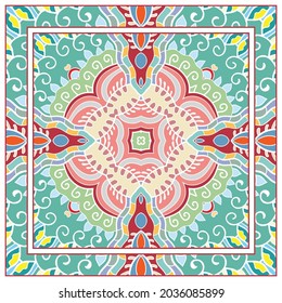  Antecedentes artísticos dibujados a mano. Patrón sin foco con borde de marco ornamentado, adorno floral de garabato. Chal de andana, estampado de tela de manteles, pañuelo de cuello de seda, diseño de pañuelos. Ilustración del vector
