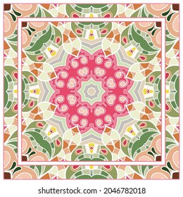  Handgezeichneter künstlerischer Hintergrund. Nahtloses Muster mit orangefarbenem Rahmen, doodle Blumenschmuck. Bandana-Schal, Tischdecken-Stoffdruck, Seidenhalsschal, Kerzendesign. Vektorgrafik