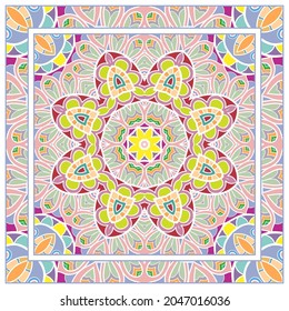  Hand drawn artistic background. Seamless pattern with ornate frame border, doodle floral ornament. Bandana shawl, tablecloth fabric print, silk neck scarf, kerchief design. Vector illustration