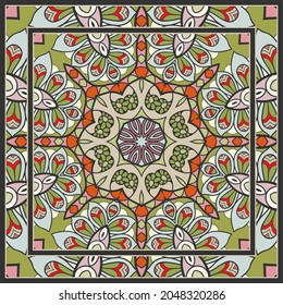  Hand drawn artistic background. Seamless pattern with ornate frame border, doodle floral ornament. Bandana shawl, tablecloth fabric print, silk neck scarf, kerchief design. Vector illustration